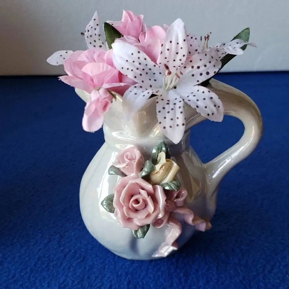 Vintage Small Iridescent Porcelain Pitcher w/ Flowers